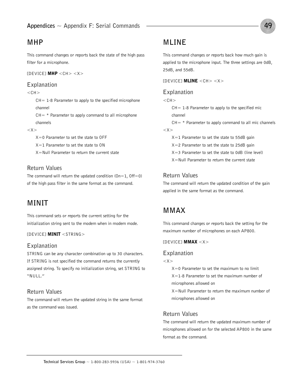 Minit, Mline, Mmax | Appendices ~ appendix f: serial commands, Explanation, Return values | ClearOne AP800 User Manual | Page 53 / 68