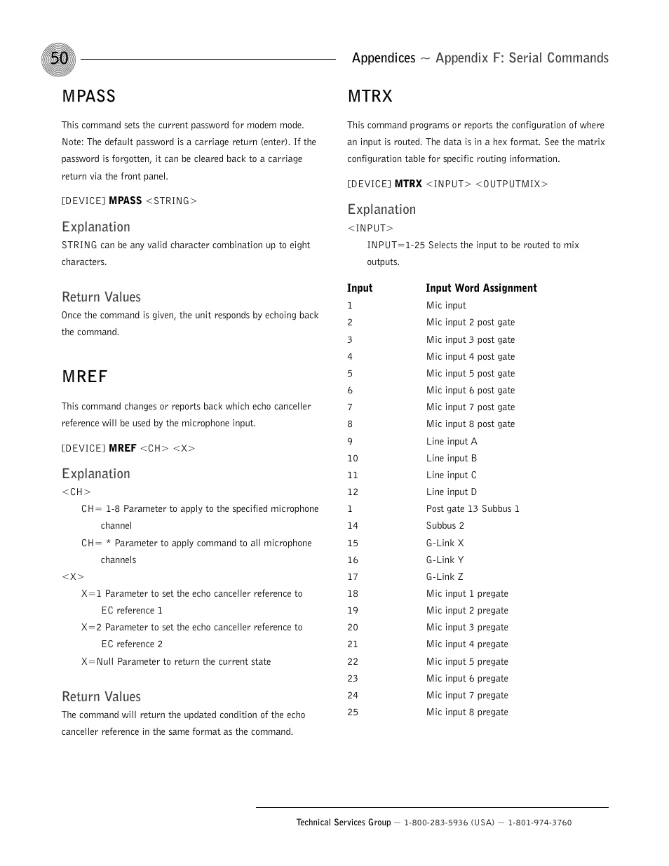 Mpass, Mref, Mtrx | Appendices ~ appendix f: serial commands, Explanation, Return values | ClearOne AP800 User Manual | Page 54 / 68