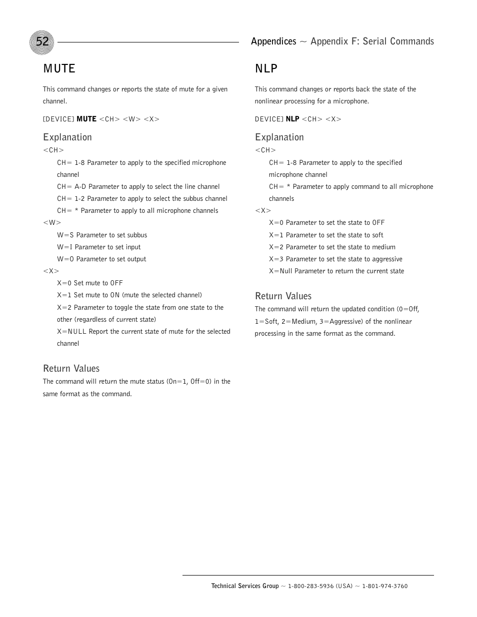 Mute, Appendices ~ appendix f: serial commands, Explanation | Return values | ClearOne AP800 User Manual | Page 56 / 68