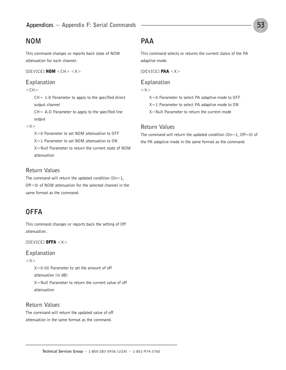 Offa, Appendices ~ appendix f: serial commands, Explanation | Return values | ClearOne AP800 User Manual | Page 57 / 68