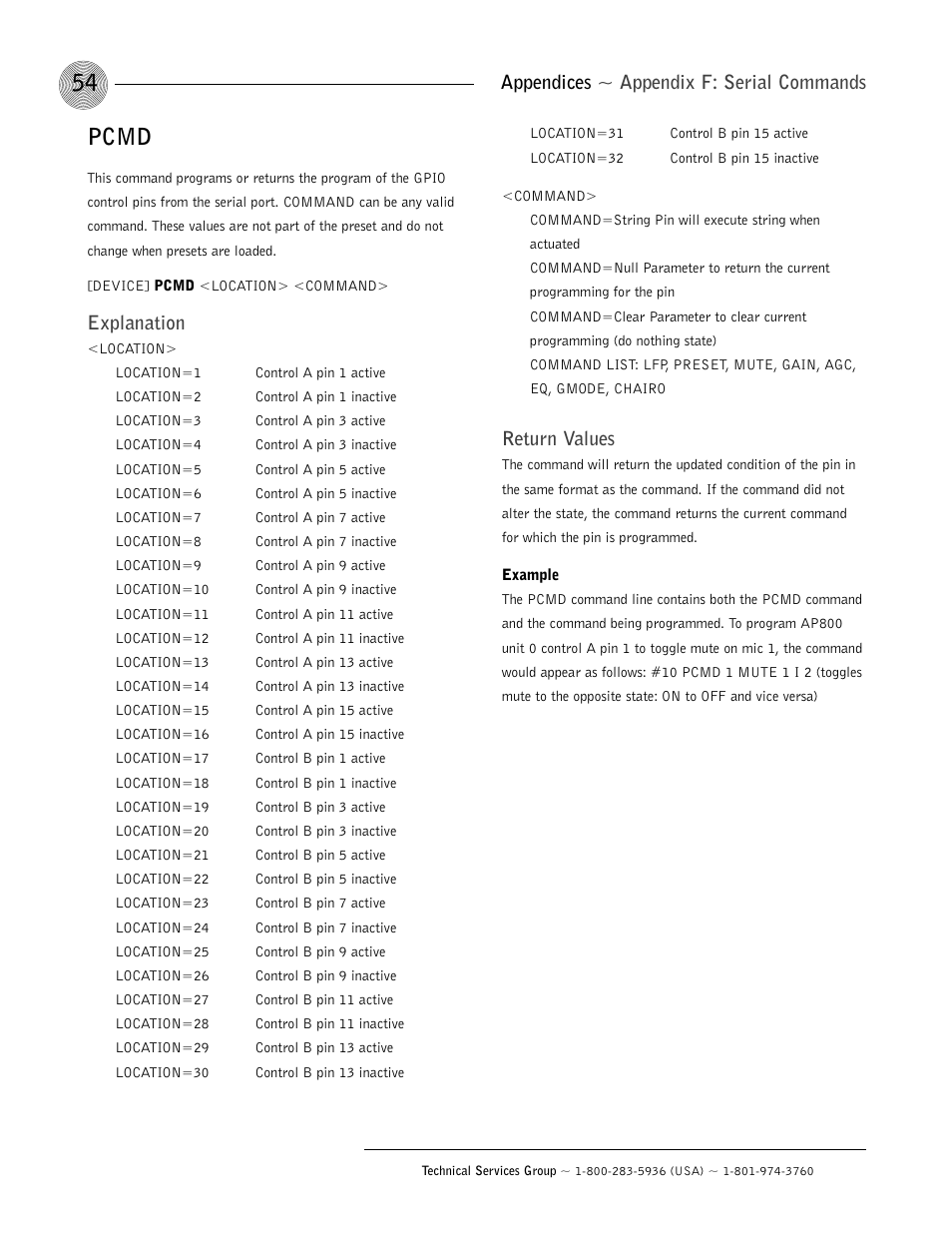 Pcmd, Appendices ~ appendix f: serial commands, Explanation | Return values | ClearOne AP800 User Manual | Page 58 / 68