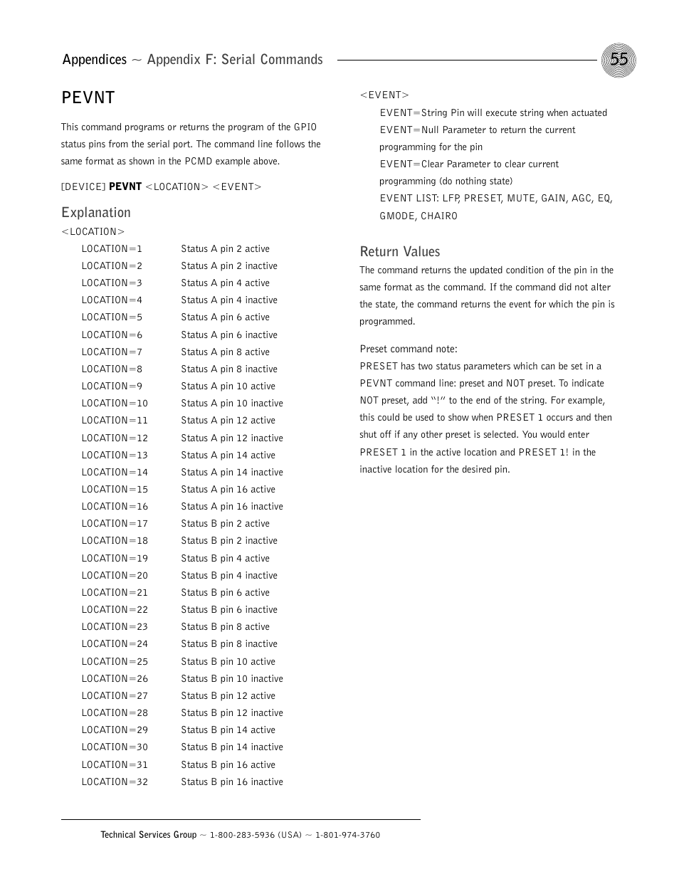 Pevnt, Appendices ~ appendix f: serial commands, Explanation | Return values | ClearOne AP800 User Manual | Page 59 / 68