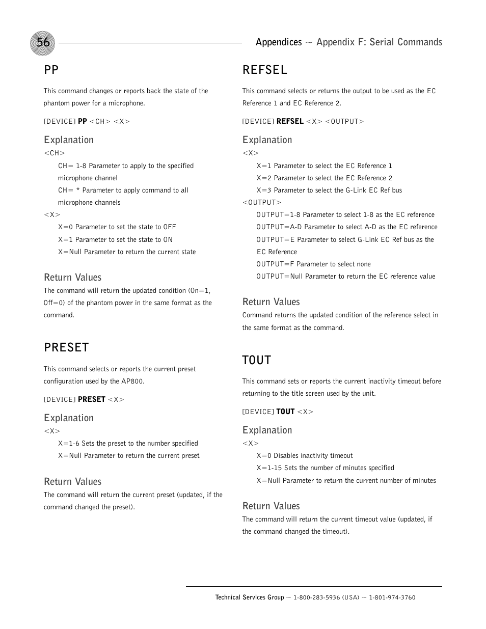 Preset, Refsel, Tout | Appendices ~ appendix f: serial commands, Explanation, Return values | ClearOne AP800 User Manual | Page 60 / 68