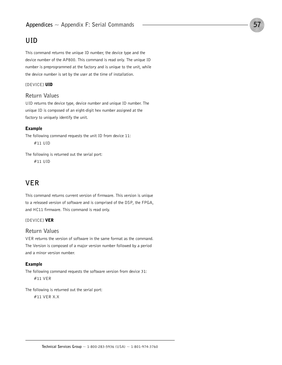 Appendices ~ appendix f: serial commands, Return values | ClearOne AP800 User Manual | Page 61 / 68