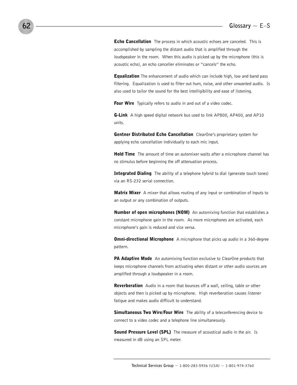 Glossary ~ e–s | ClearOne AP800 User Manual | Page 66 / 68