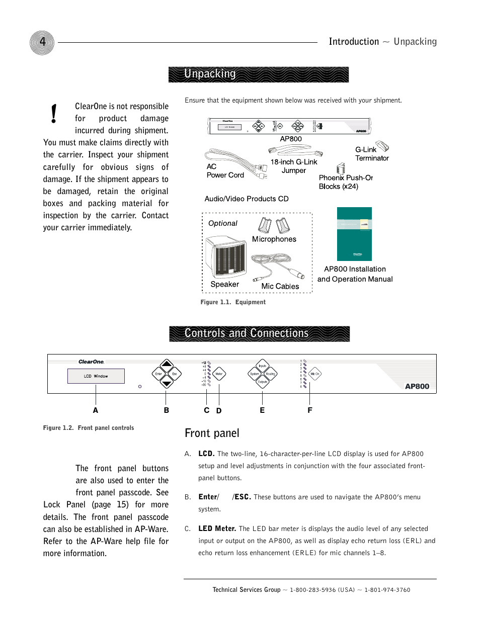 Unpacking, Controls and connections, Front panel | ClearOne AP800 User Manual | Page 8 / 68