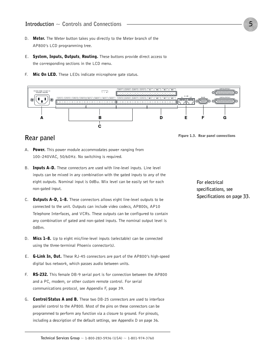 Rear panel, Introduction ~ controls and connections | ClearOne AP800 User Manual | Page 9 / 68