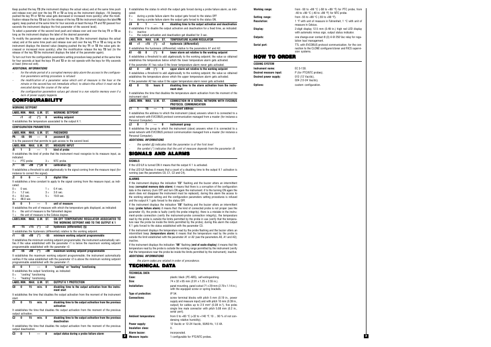 Configurability, How to order, Signals and alarms | Technical da | EVCO EC3130 User Manual | Page 2 / 2