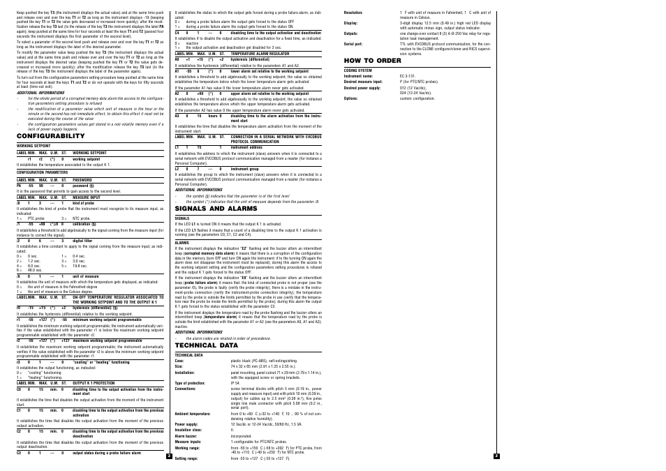 Configurability, How to order, Signals and alarms | Technical data | EVCO EC3131 User Manual | Page 2 / 2
