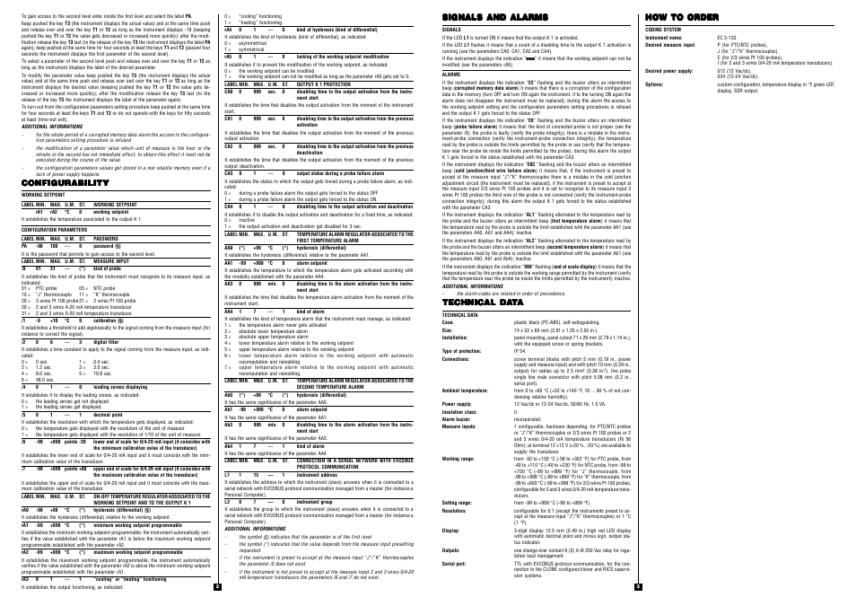 Configurability, Signals and alarms, Technical da | How to order | EVCO EC3133 User Manual | Page 2 / 2