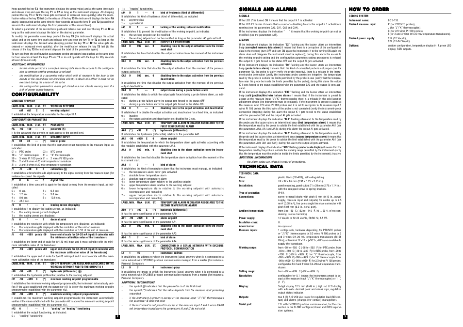 Configurability, Signals and alarms, Technical da | How to order | EVCO EC3135 User Manual | Page 2 / 2