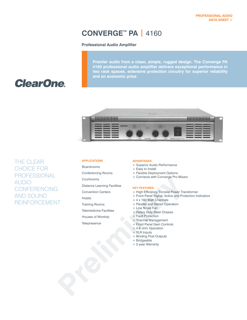 ClearOne comm Converge PA 4160 User Manual | 2 pages