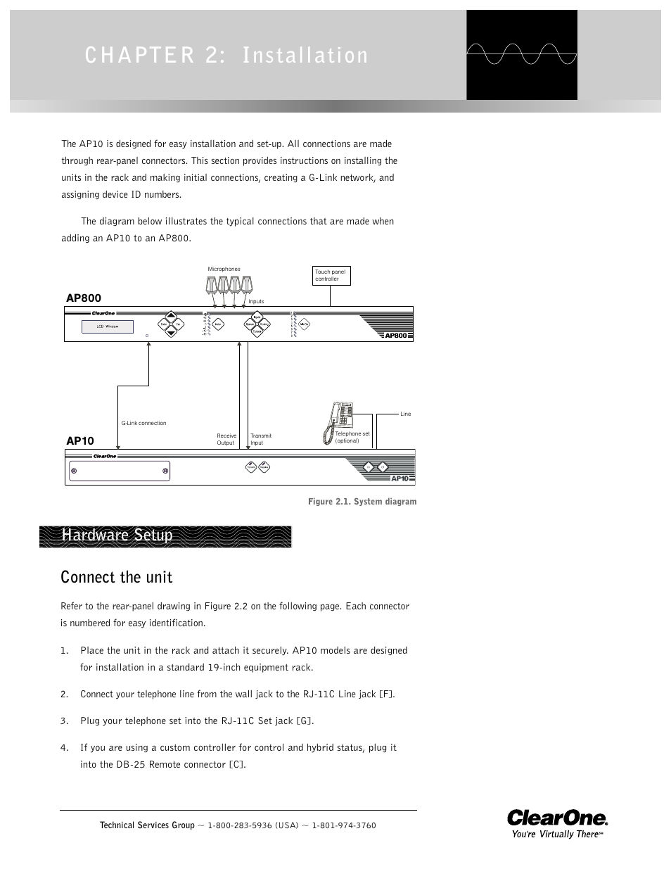 Chapter 2: installation, Hardware setup connect the unit | ClearOne AP10 User Manual | Page 11 / 40