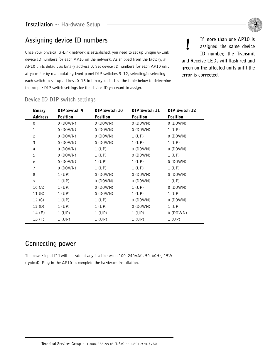 Assigning device id numbers, Connecting power, Installation ~ hardware setup | Device id dip switch settings | ClearOne AP10 User Manual | Page 13 / 40