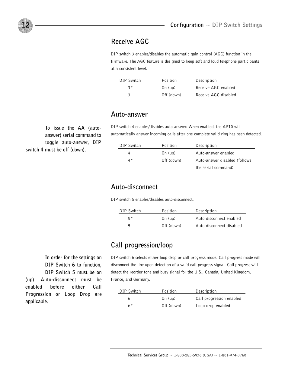 Receive agc, Auto-answer, Auto-disconnect | Call progression/loop | ClearOne AP10 User Manual | Page 16 / 40