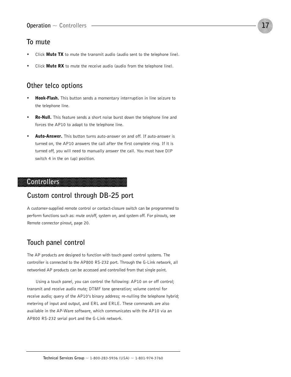 Other telco options, Custom control through db-25 port, Touch panel control | Controllers | ClearOne AP10 User Manual | Page 21 / 40