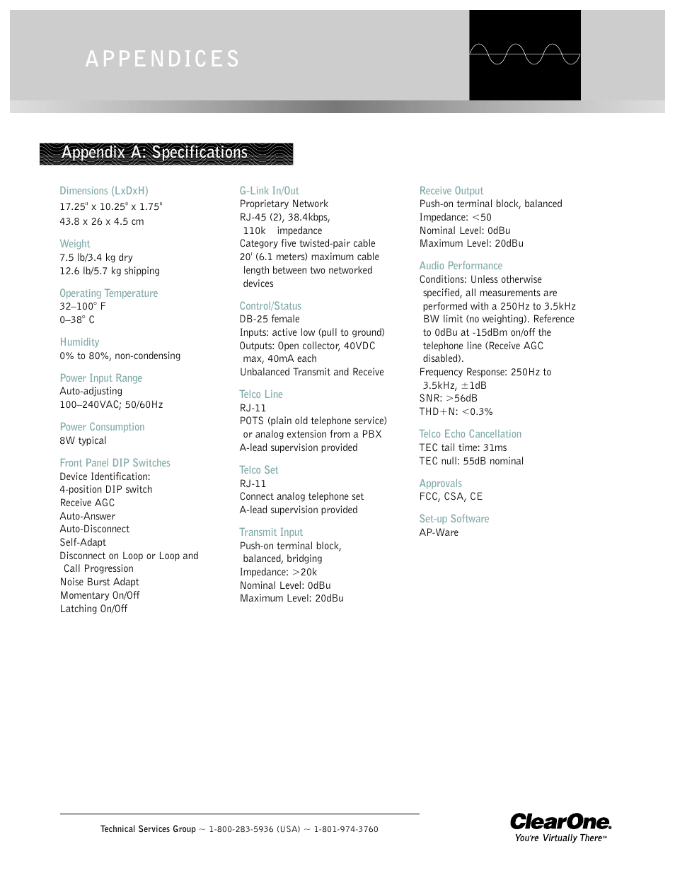 Appendices, Appendix a: specifications | ClearOne AP10 User Manual | Page 23 / 40