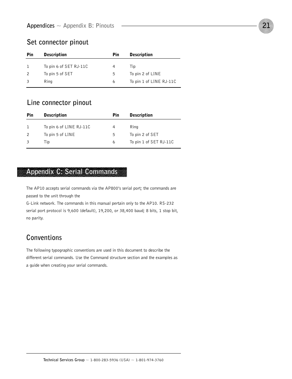 Set connector pinout, Line connector pinout, Appendix c: serial commands | Conventions, Appendices ~ appendix b: pinouts | ClearOne AP10 User Manual | Page 25 / 40