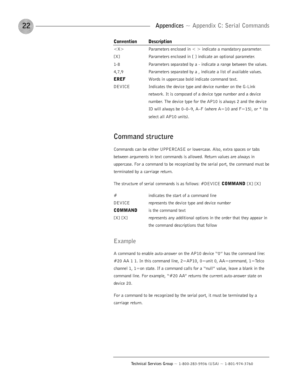 Command structure, Appendices ~ appendix c: serial commands, Example | ClearOne AP10 User Manual | Page 26 / 40