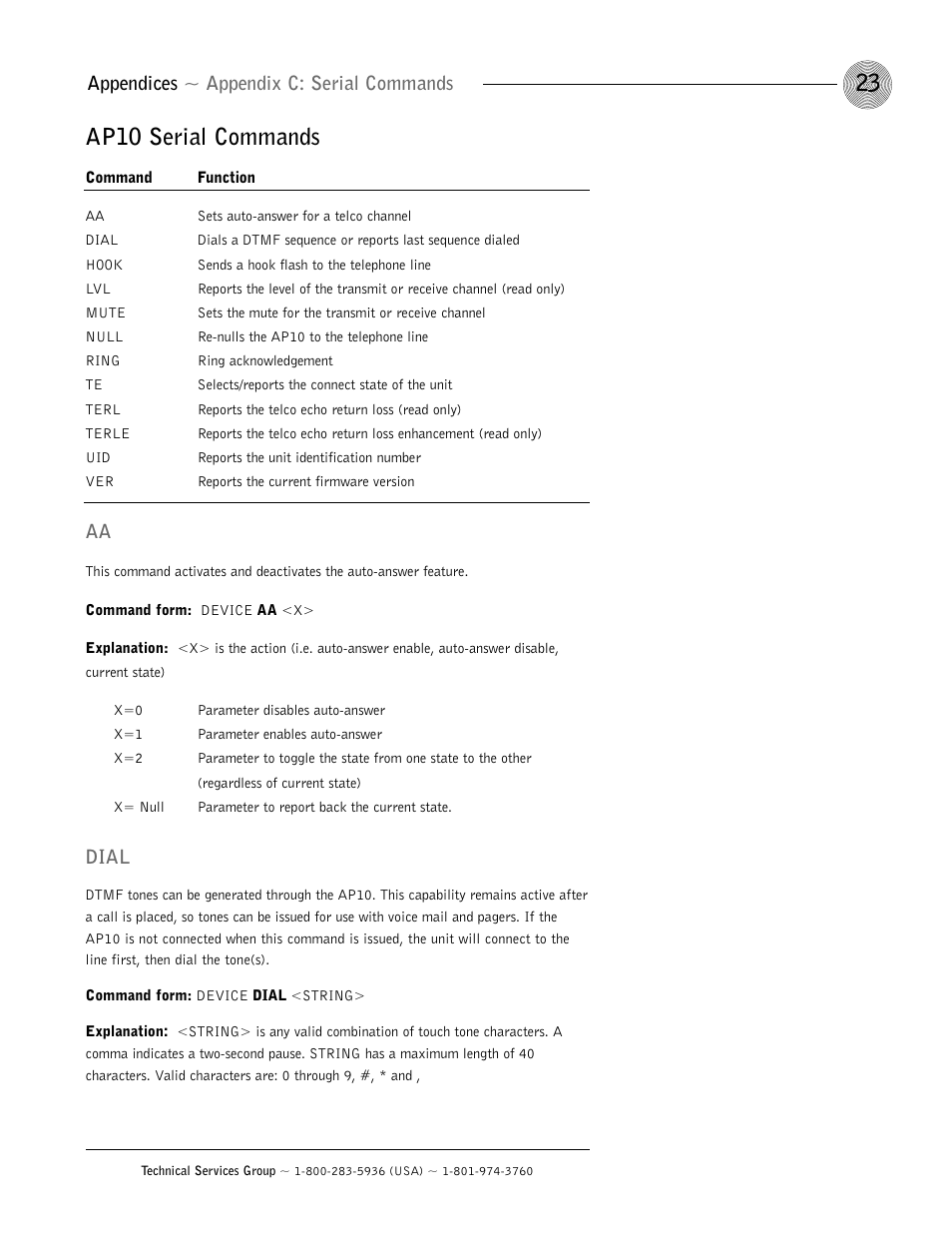 Ap10 serial commands, Dial, Appendices ~ appendix c: serial commands | ClearOne AP10 User Manual | Page 27 / 40