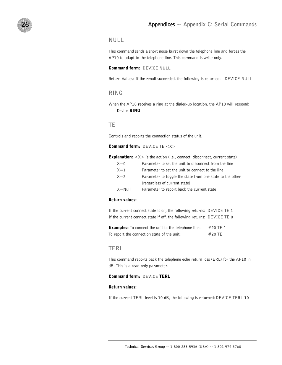 Appendices ~ appendix c: serial commands, Null, Ring | Terl | ClearOne AP10 User Manual | Page 30 / 40