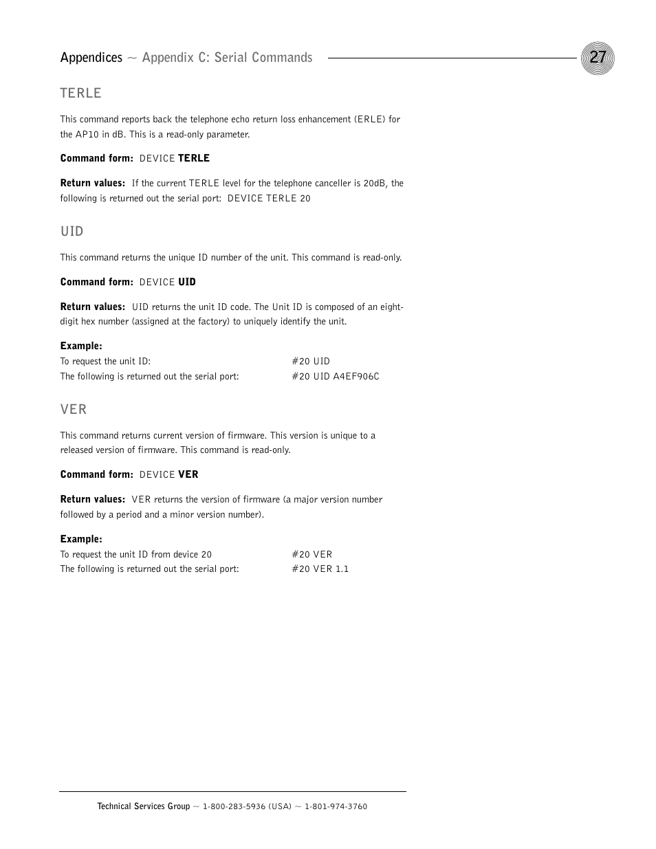 Appendices ~ appendix c: serial commands, Terle | ClearOne AP10 User Manual | Page 31 / 40