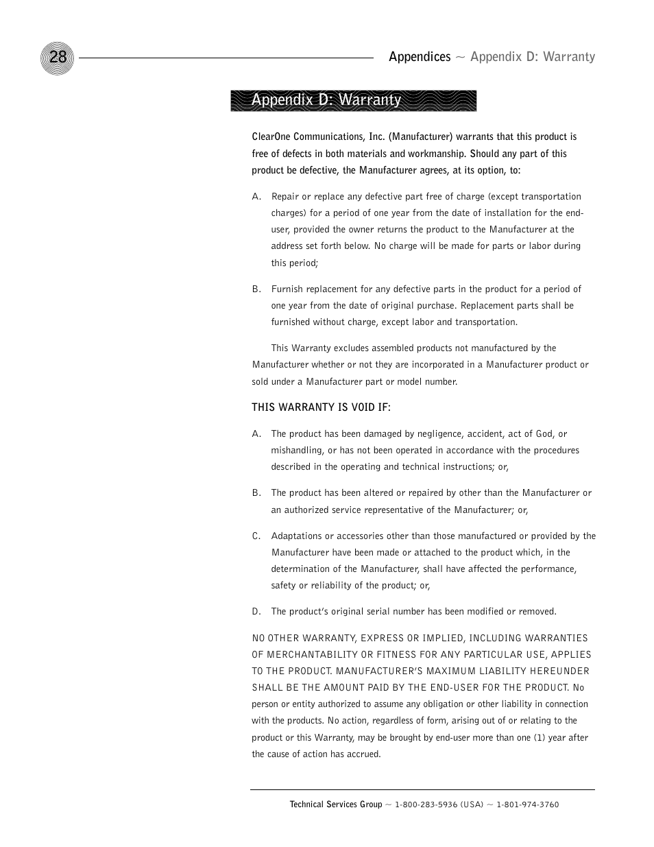 Appendix d: warranty, Appendices ~ appendix d: warranty | ClearOne AP10 User Manual | Page 32 / 40