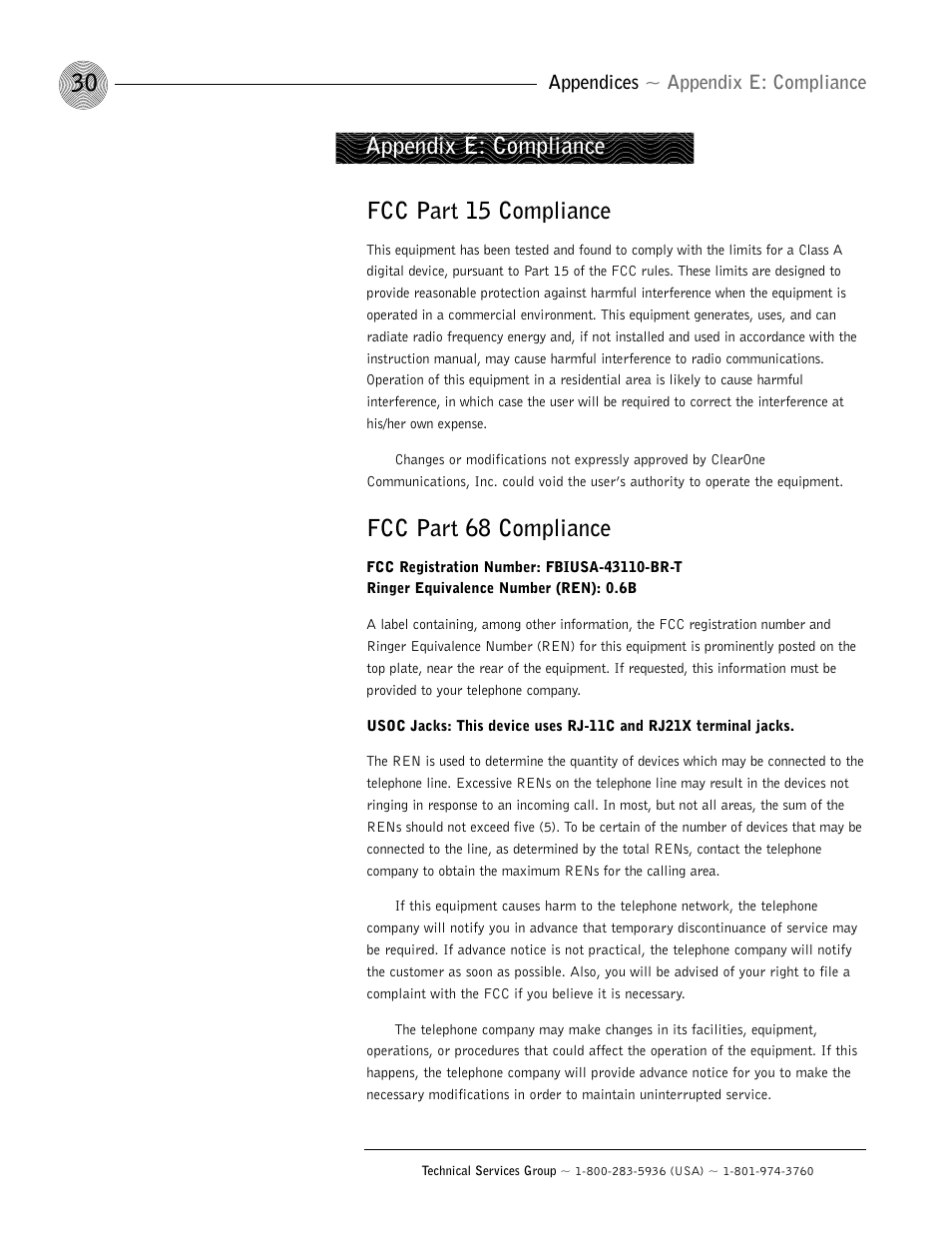 Fcc part 15 compliance, Fcc part 68 compliance, Appendix e: compliance | Appendices ~ appendix e: compliance | ClearOne AP10 User Manual | Page 34 / 40