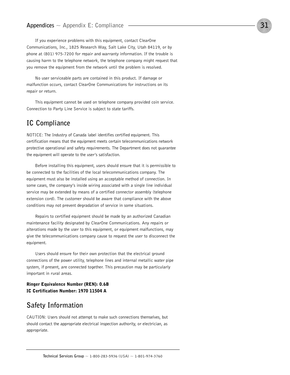 Ic compliance, Safety information, Appendices ~ appendix e: compliance | ClearOne AP10 User Manual | Page 35 / 40