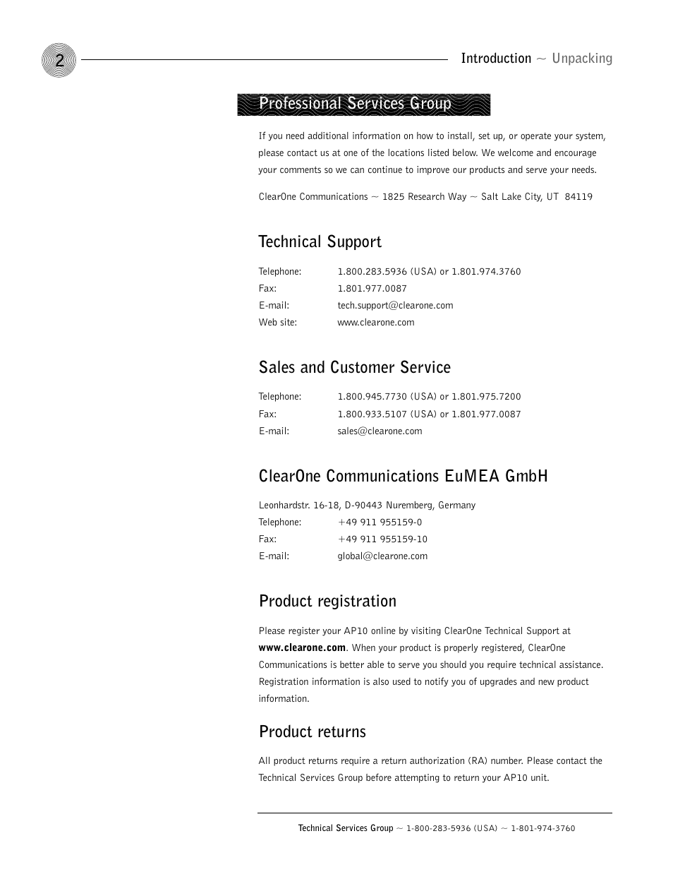 Technical support, Sales and customer service, Clearone communications eumea gmbh | Product registration, Product returns, Professional services group | ClearOne AP10 User Manual | Page 6 / 40