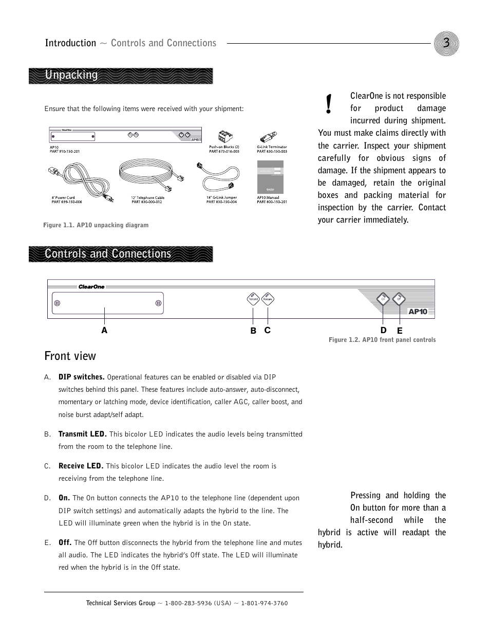 Unpacking, Controls and connections front view | ClearOne AP10 User Manual | Page 7 / 40