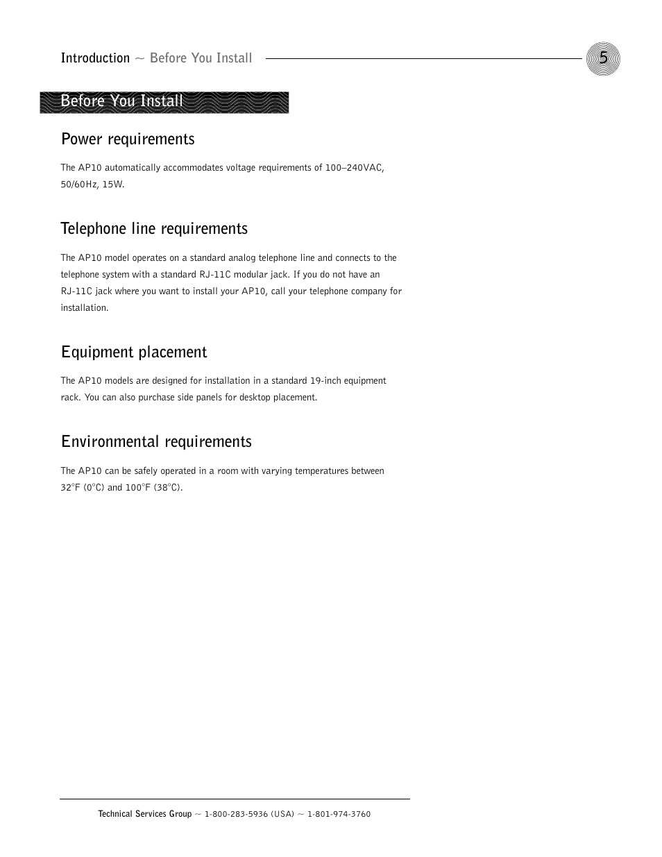 Power requirements, Telephone line requirements, Equipment placement | Environmental requirements, Before you install | ClearOne AP10 User Manual | Page 9 / 40