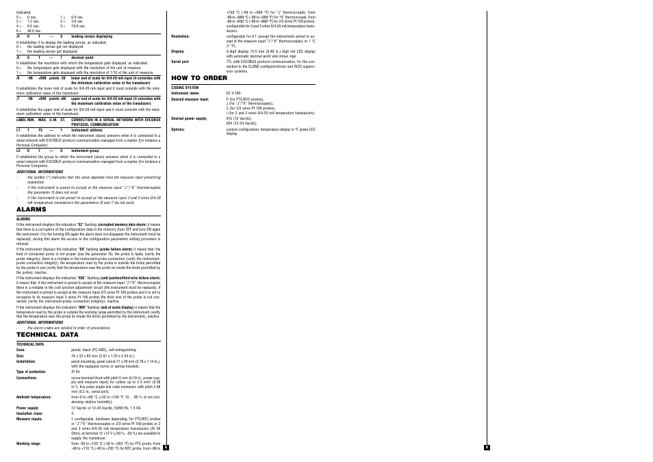Alarms, Technical data, How to order | EVCO EC3163 User Manual | Page 2 / 2