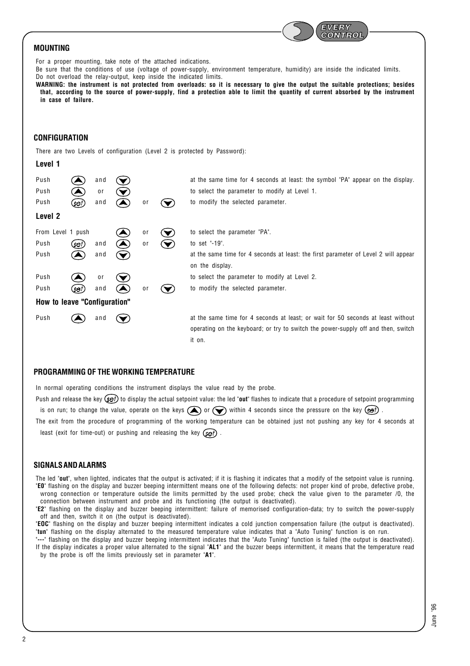 Mounting, Configuration, Level 1 | Level 2, How to leave "configuration, Programming of the working temperature, Signals and alarms | EVCO EC3173 User Manual | Page 2 / 5