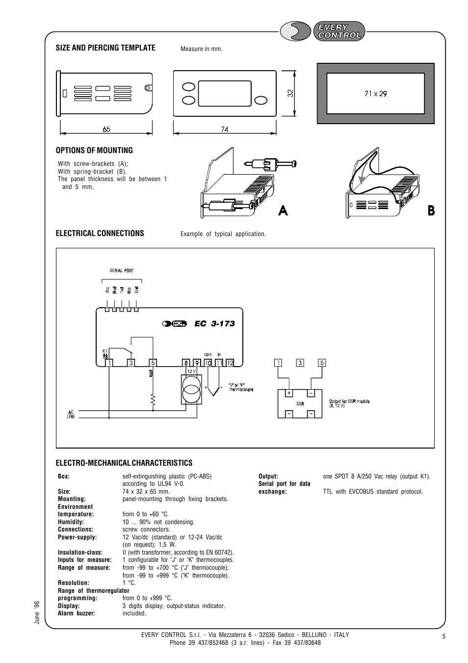 Options of mounting, Electro-mechanical characteristics, Electrical connections | Size and piercing template | EVCO EC3173 User Manual | Page 5 / 5