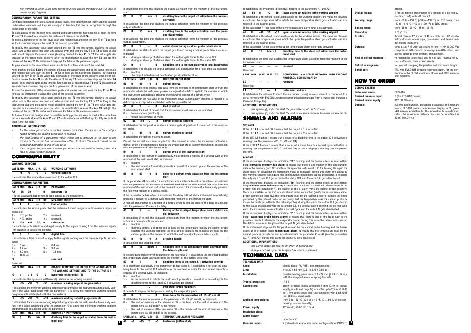 Configurability, Signals and alarms, Technical da | How to order | EVCO EC3185 User Manual | Page 2 / 2