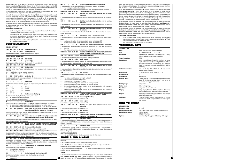 Configurability, Signals and alarms, Technical da | How to order | EVCO EC3433 User Manual | Page 2 / 2