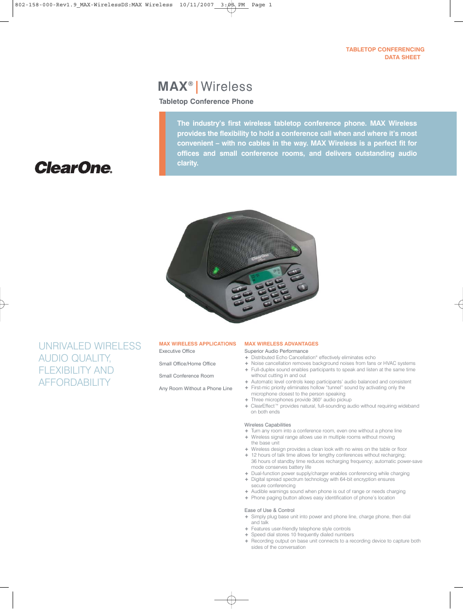 ClearOne comm MAX Wireless 910-158-009 User Manual | 2 pages