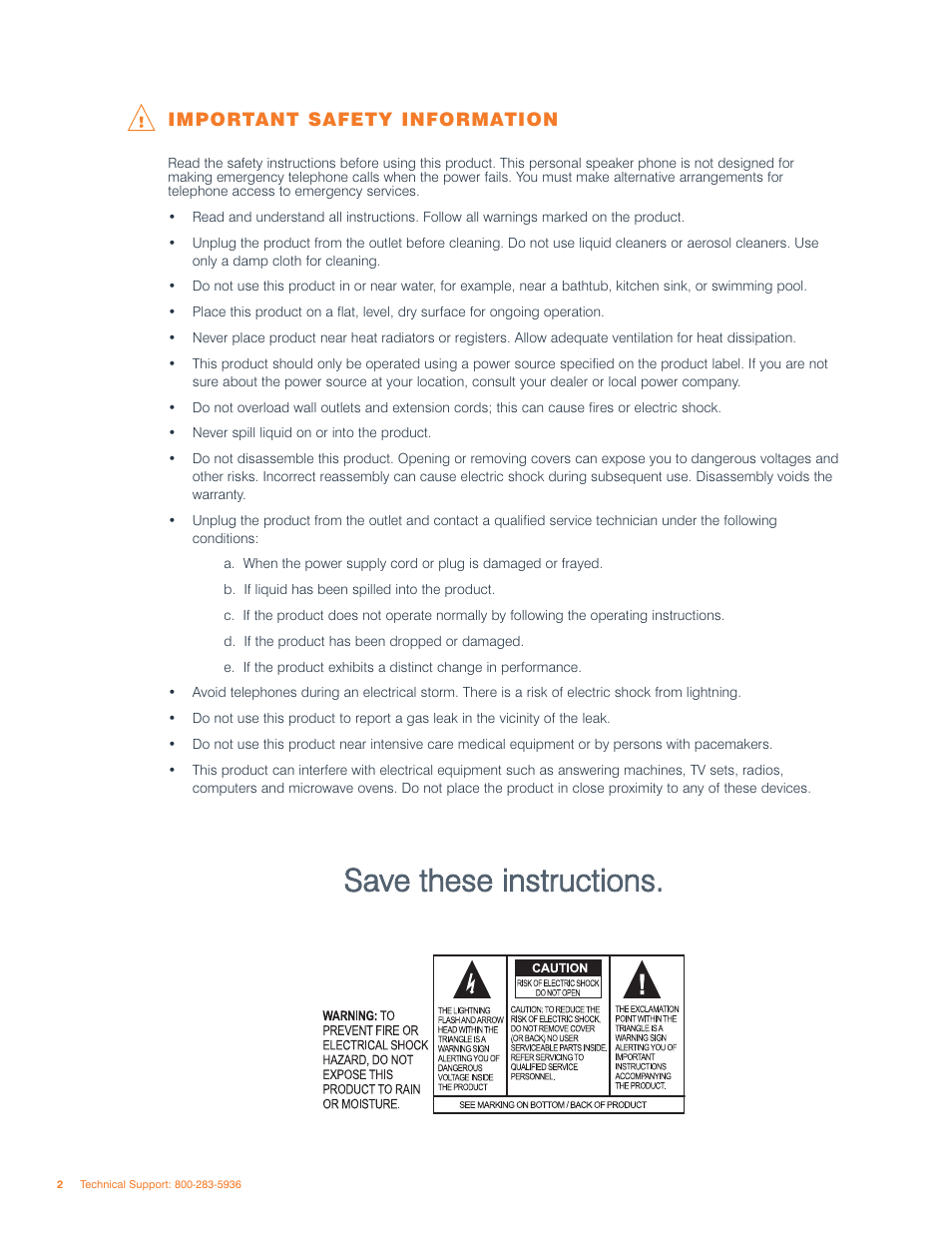 Save these instructions, Important safety information | ClearOne comm 50 User Manual | Page 6 / 38