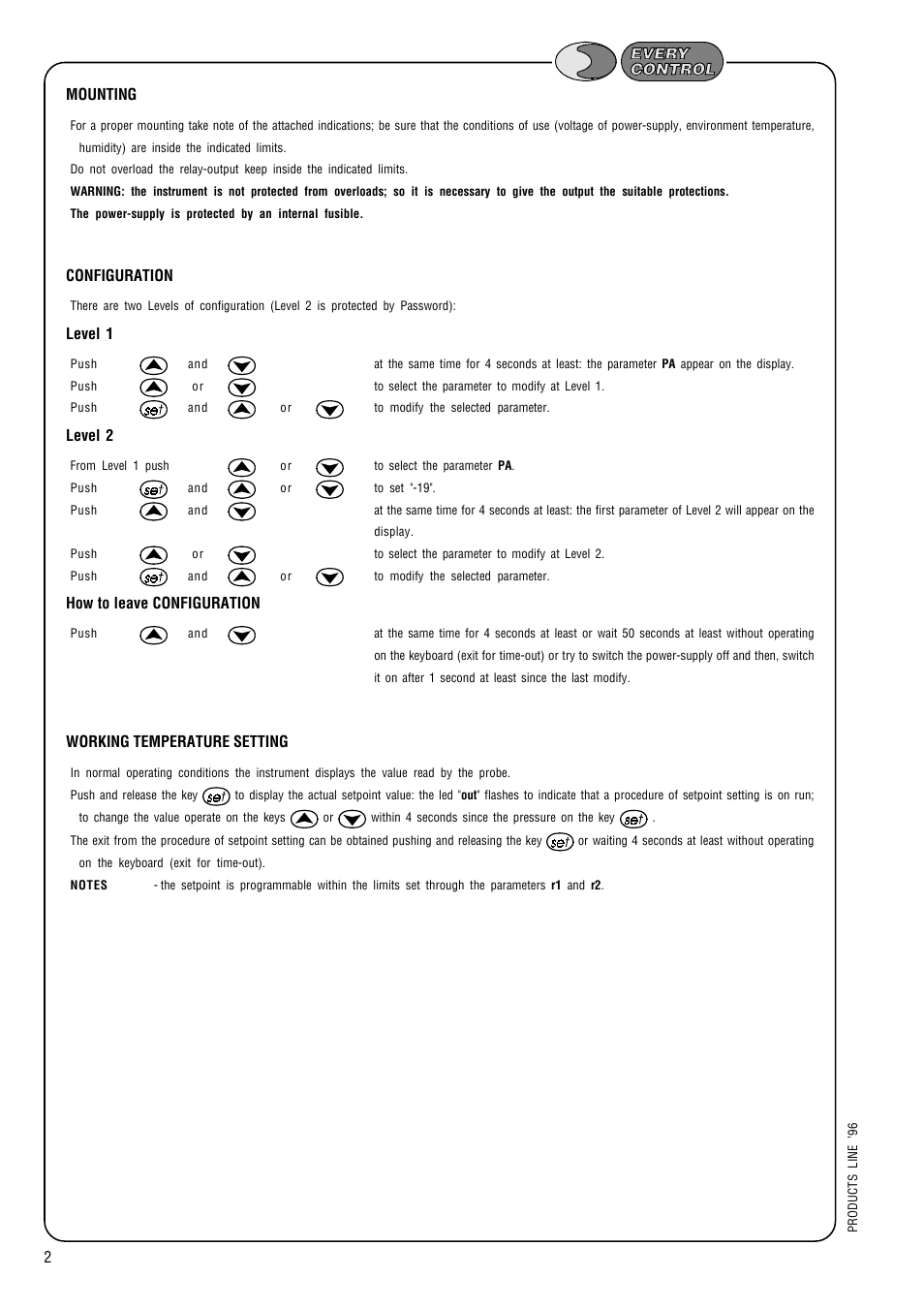 Mounting, Configuration, Level 1 | Level 2, How to leave configuration, Working temperature setting | EVCO EC4173 User Manual | Page 2 / 6