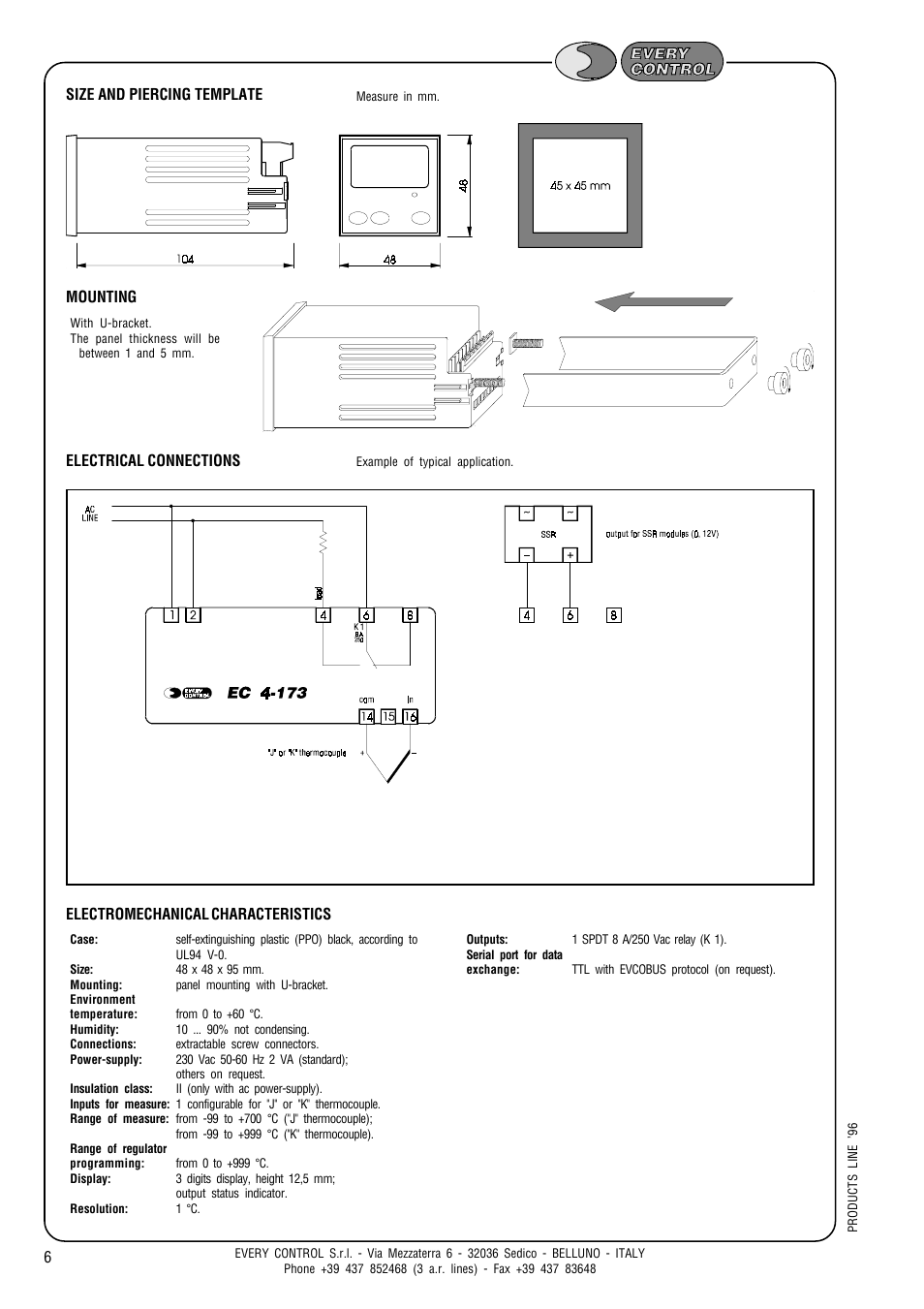Size and piercing template, Mounting, Electrical connections | Electromechanical characteristics | EVCO EC4173 User Manual | Page 6 / 6