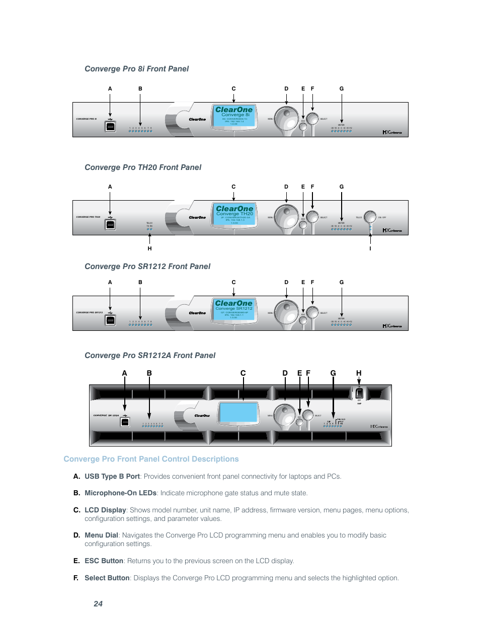 24 converge pro 8i front panel, Converge pro th20 front panel, Converge pro sr1212 front panel | Clearone | ClearOne comm CONVERGE SR 1212 User Manual | Page 29 / 320