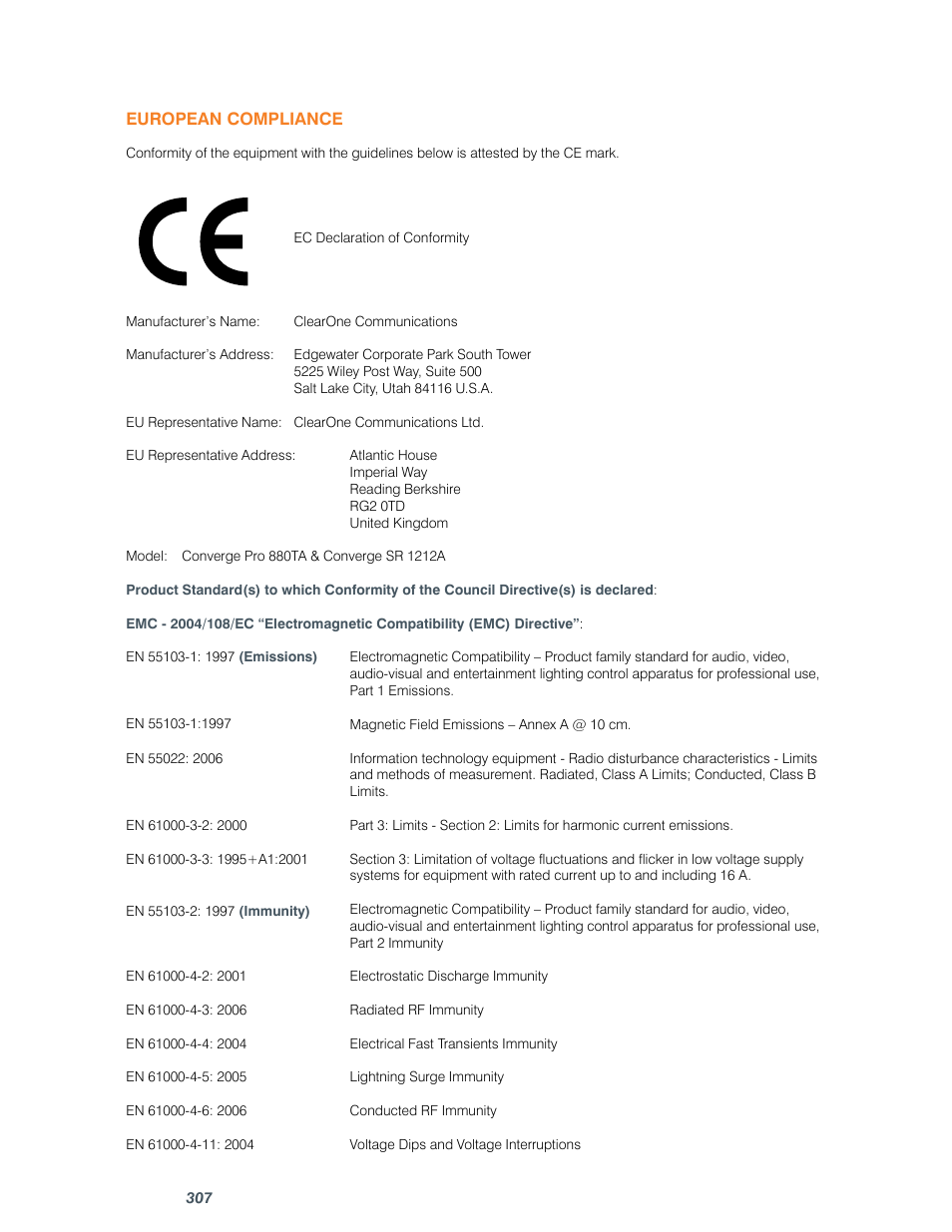 ClearOne comm CONVERGE SR 1212 User Manual | Page 312 / 320