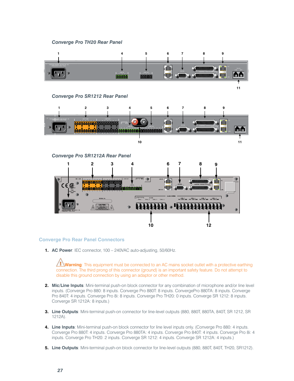 27 converge pro th20 rear panel, Converge pro sr1212 rear panel, Converge pro sr1212a rear panel | Converge pro rear panel connectors | ClearOne comm CONVERGE SR 1212 User Manual | Page 32 / 320