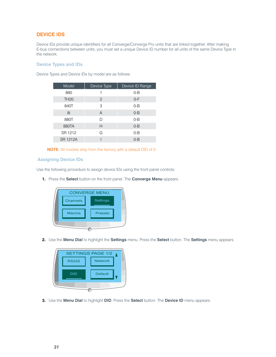 Device ids | ClearOne comm CONVERGE SR 1212 User Manual | Page 36 / 320