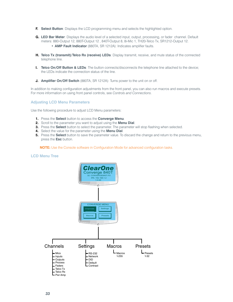 Clearone, Channels, Settings | Macros, Presets | ClearOne comm CONVERGE SR 1212 User Manual | Page 38 / 320