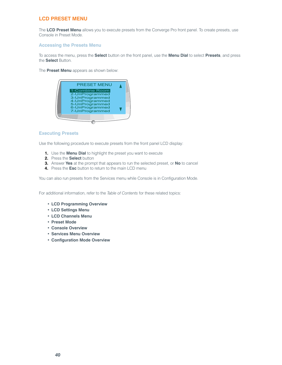 Lcd preset menu | ClearOne comm CONVERGE SR 1212 User Manual | Page 45 / 320