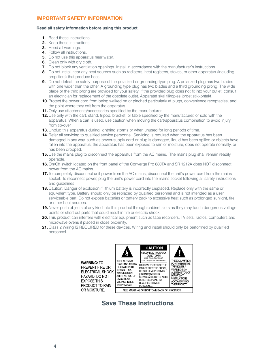 Save these instructions | ClearOne comm CONVERGE SR 1212 User Manual | Page 9 / 320