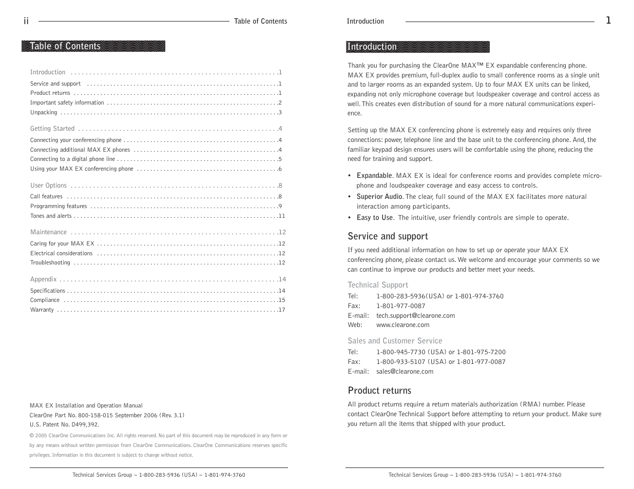 Service and support, Product returns, Introduction table of contents | ClearOne comm MAXTM EX Telephone User Manual | Page 2 / 10
