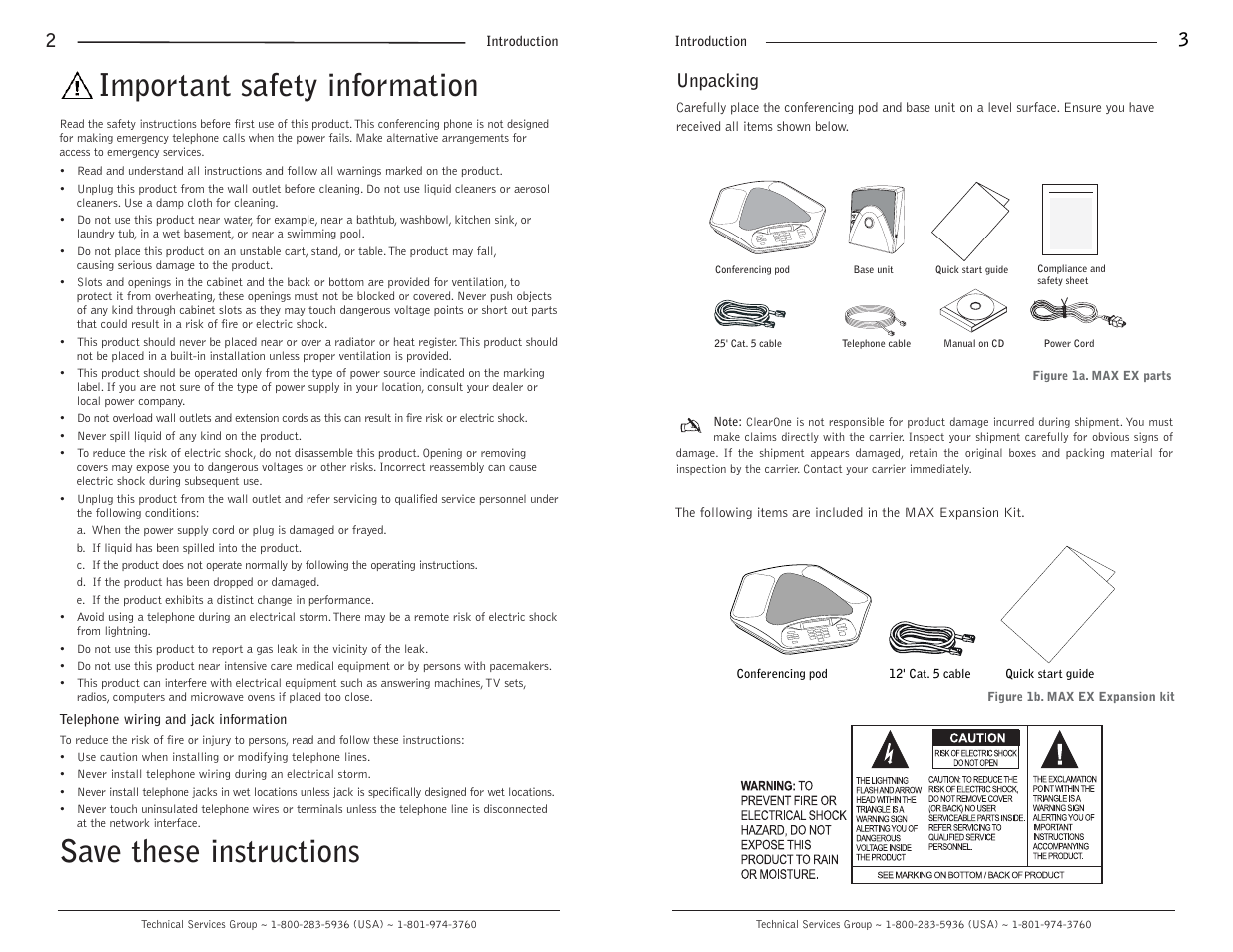 Important safety information, Save these instructions, 2unpacking | ClearOne comm MAXTM EX Telephone User Manual | Page 3 / 10